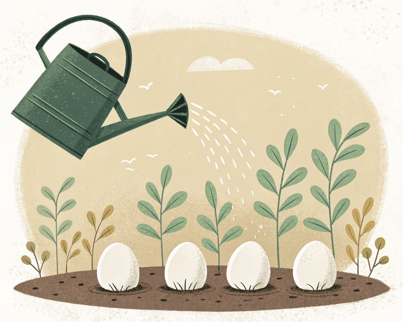 A watering can pouring over a row of growing figures