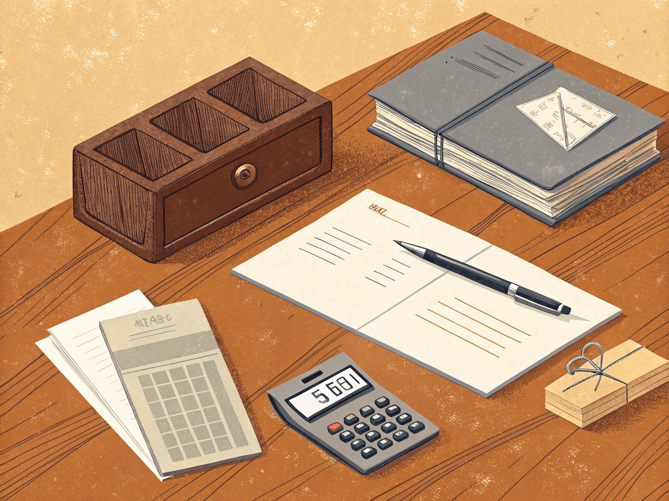 An orchestrated set of business tools arranged neatly on a wooden desk