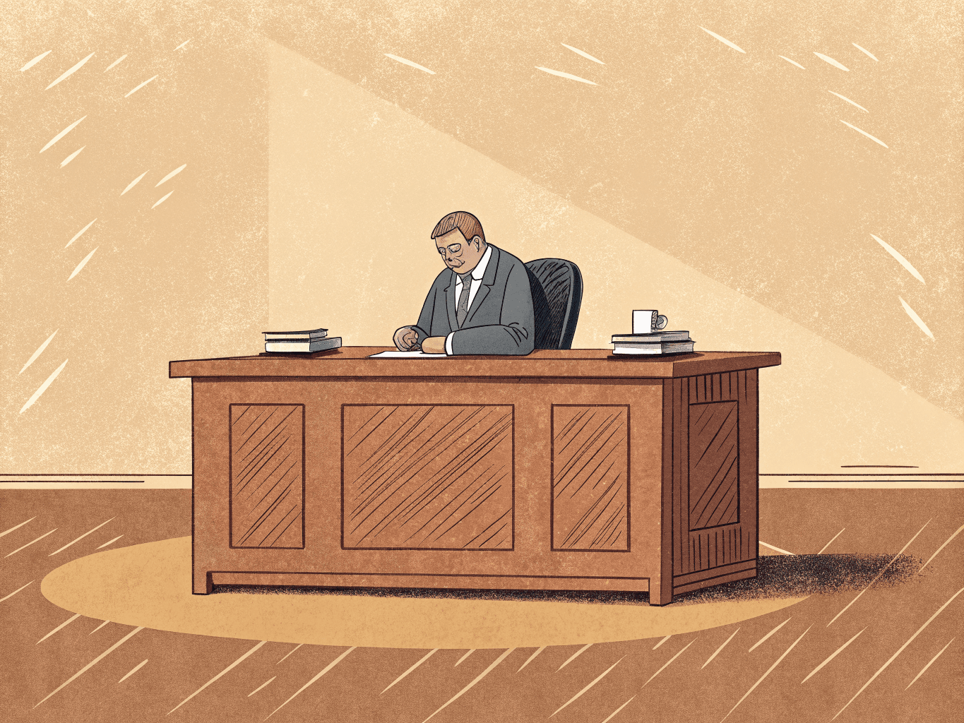 A calm operator at a wooden desk, orchestrating a stack of small-business tools