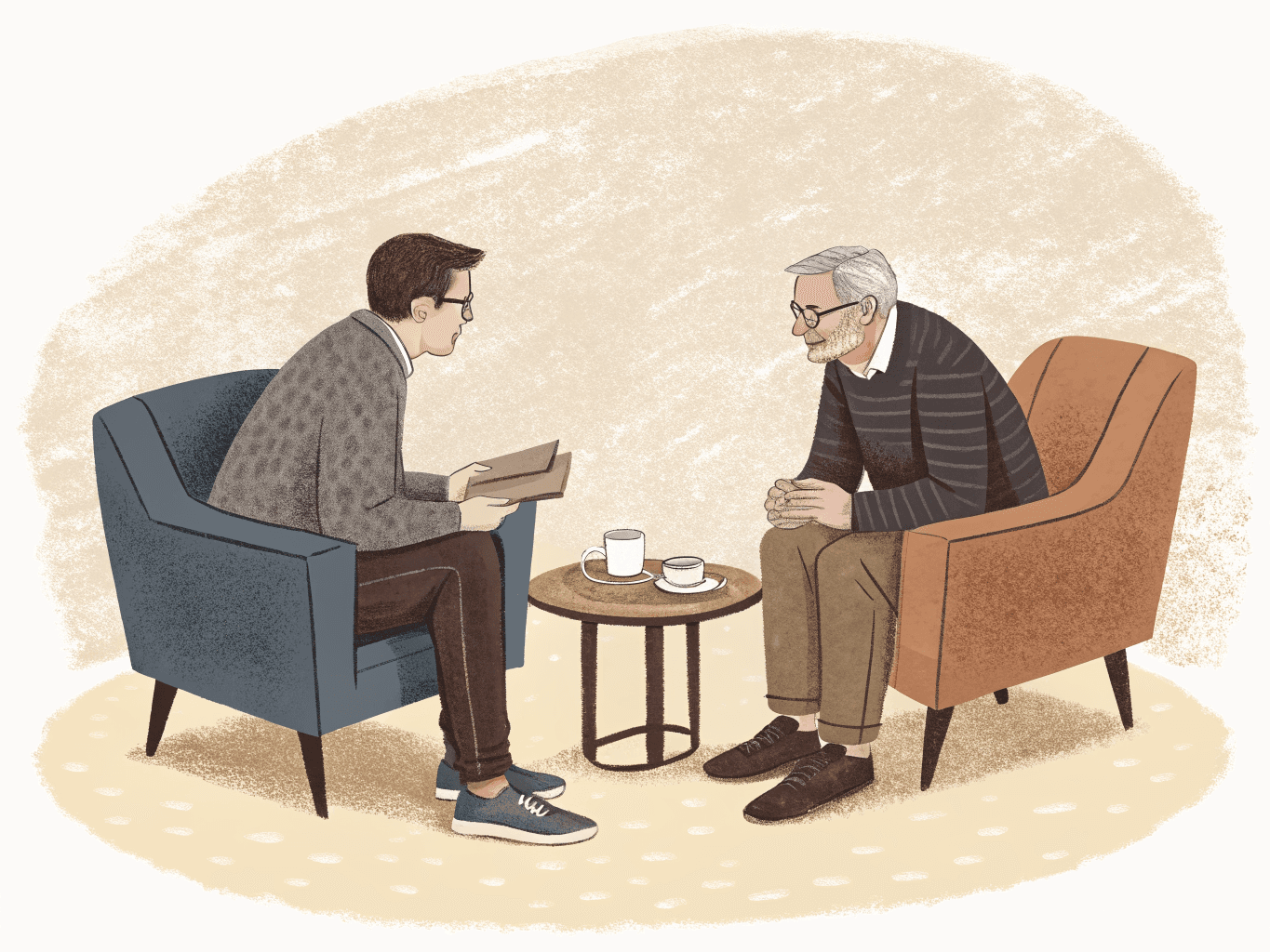 Two figures sit across a small coffee table in armchairs, mid-conversation, with two coffee cups between them — a quiet professional consultation, no sales materials in sight.