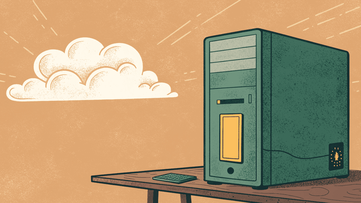 A workstation tower on a desk with an AI chip drawn inside it; a dashed line to an external cloud is struck through — the AI runs on your machine and your data never leaves the building.