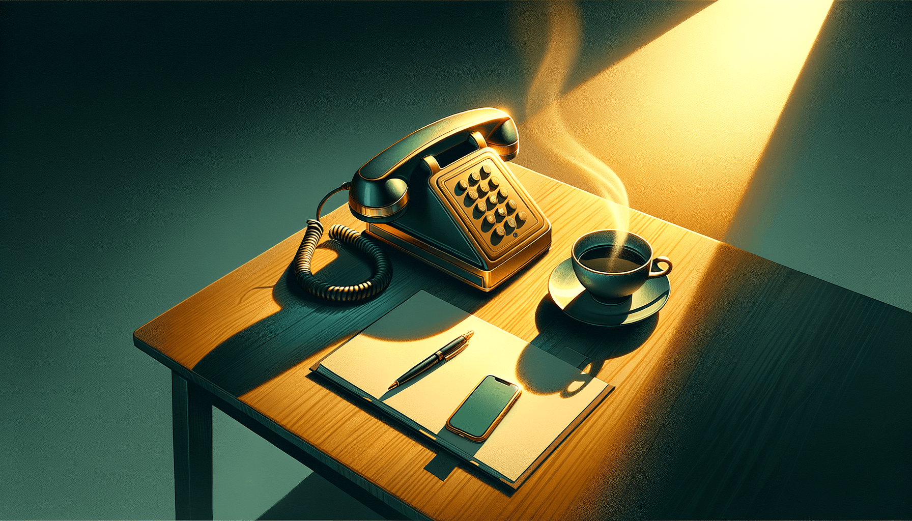 A wooden desk at late afternoon: a phone handset, a notepad and pen, a steaming cup, a warm beam of light from off-frame — the desk of someone about to take an important call.