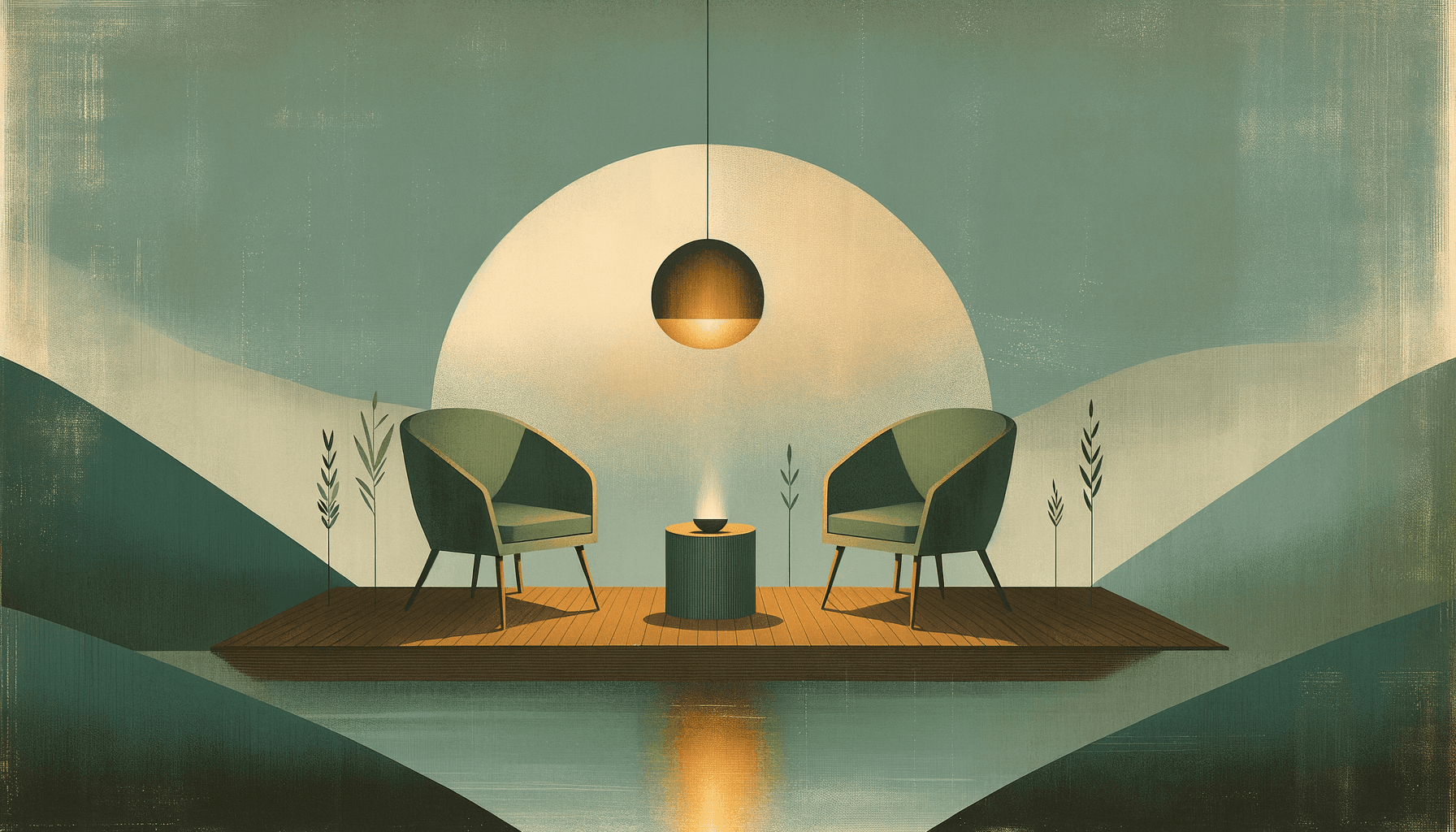 Two chairs facing each other on a low platform under a single overhead pendant light, calm horizon and twilight sky behind — a visual of the focused conversation a Foundation Call creates.