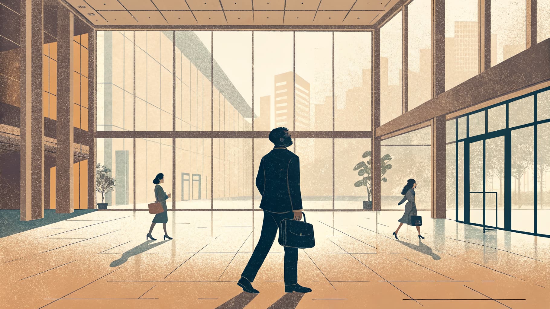 A composed figure stands still while colleagues rush past in a busy lobby