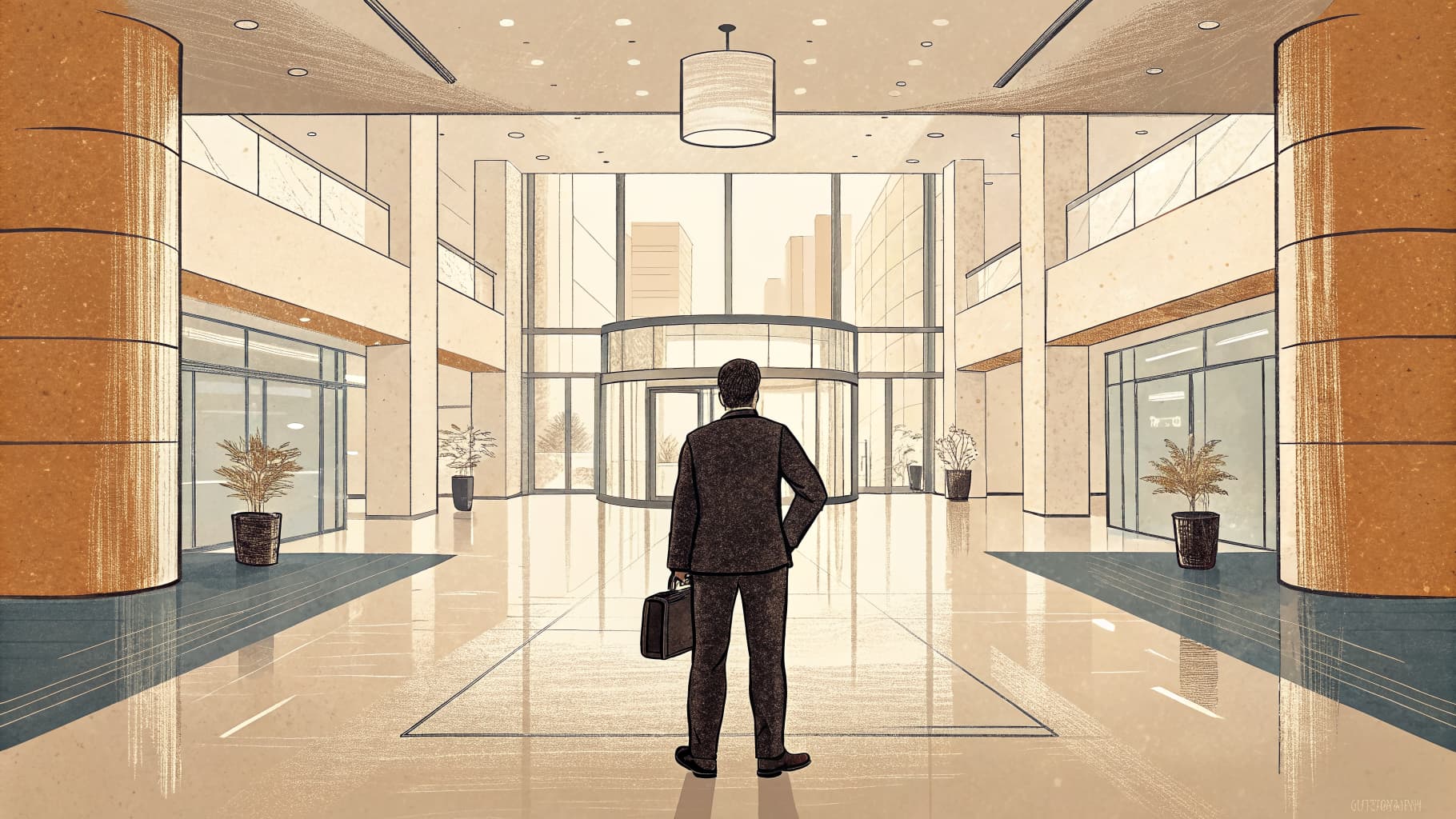 A composed business owner stands at the threshold of a wide modern lobby, looking ahead at the architectural depth beyond — the moment of arriving with options.