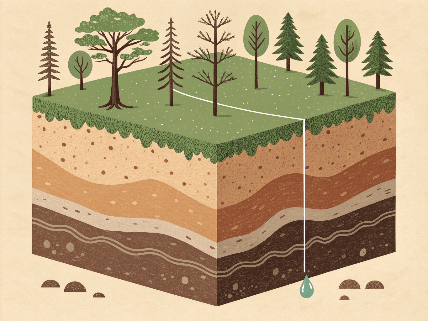 A cross-section of layered ground with a plumb line reaching the deepest layer