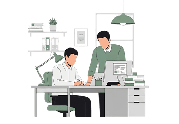 Two developers pairing at a workstation reviewing a foundation file